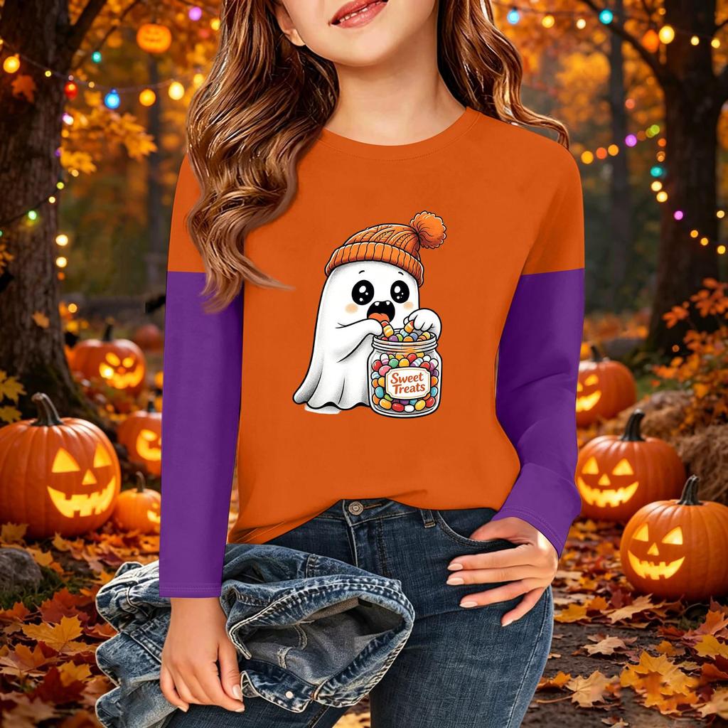 Kids Halloween Print Long Sleeve Neck T-Shirt Casual Top for Boys Girls