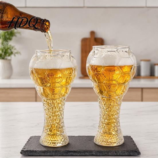 Wide Mouth Beer Mug Soccer Trophy Glass 400/600ml Capacity Mug Heavy Duty Football 3D Relief Shaped Pint Cup for Home Bar Gift Sports Fans