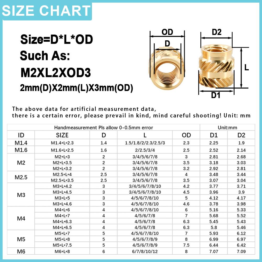 M2 M2.5 M3 M4 M5 M6 M8 Inserti Filettati in Ottone Riscaldabili Double Twilled Filettatura Zigrinata Inserti per Stampante 3D Dadi a Fusione a Caldo Punte per Saldatura