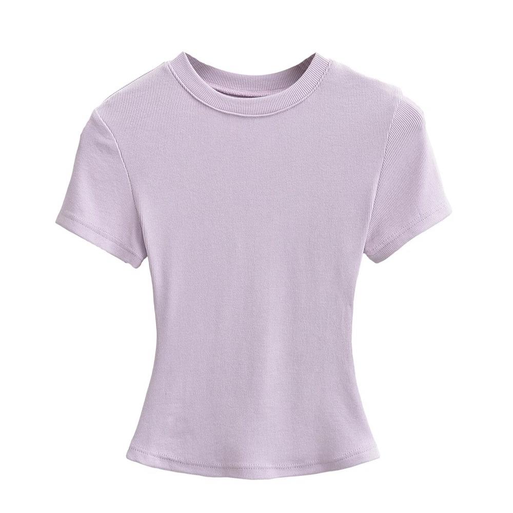 Trendy Women's Ribbed Slim Fit Short Sleeve T-Shirt with Sexy Round Neck and Straight Shoulders.