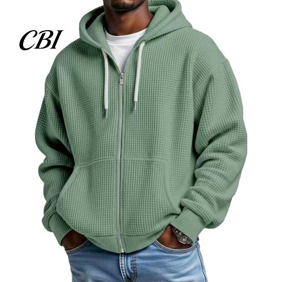 Fashionable Waffle Knit Hoodie Men's Hooded Jacket, Solid Zip Up with Adjustable Lightweight Athletic Outerwear Hood & Pockets, Long Sleeve