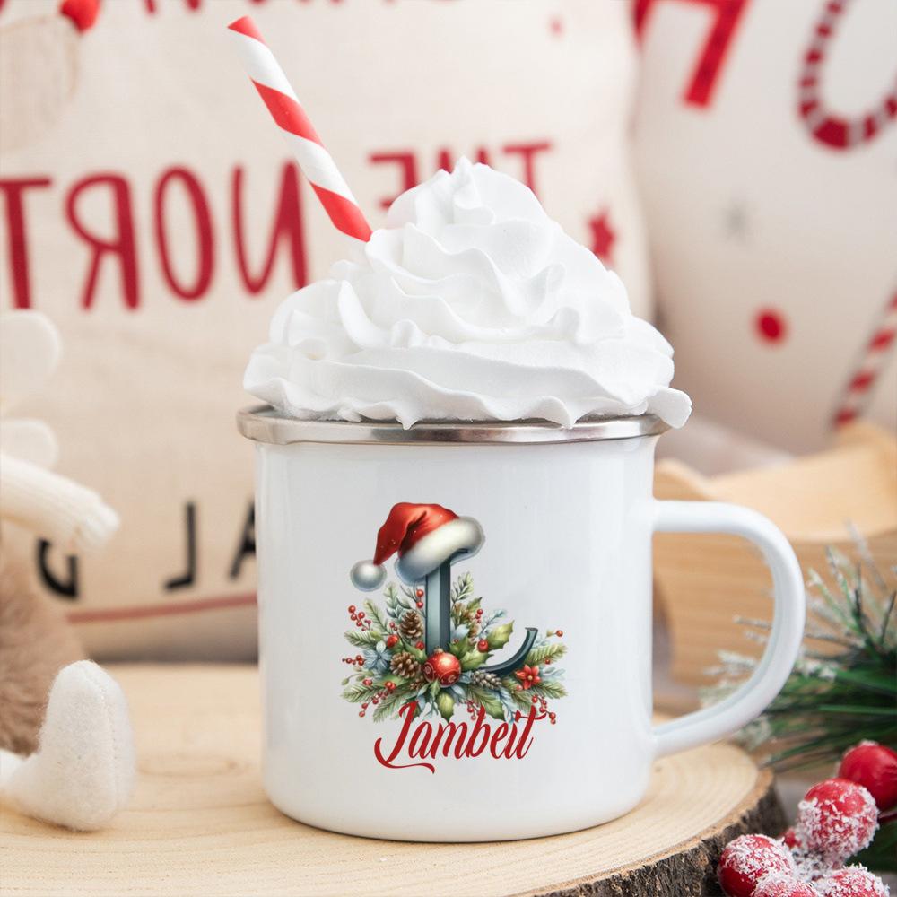 Personalisierte Tasse mit individuellem Namen 26 Buchstaben Emaille Weihnachtsbecher, Geschenk für sie, Weihnachts-Kaffeetasse, Frohe Weihnachten Geschenk