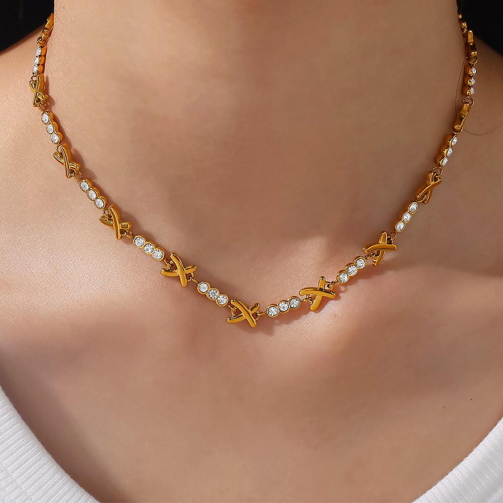 Luxury Cubic Zirconia Love Island Necklace Stainless Steel XO Choker 18k Gold Plated Necklaces Friendship Gift for Women Girl