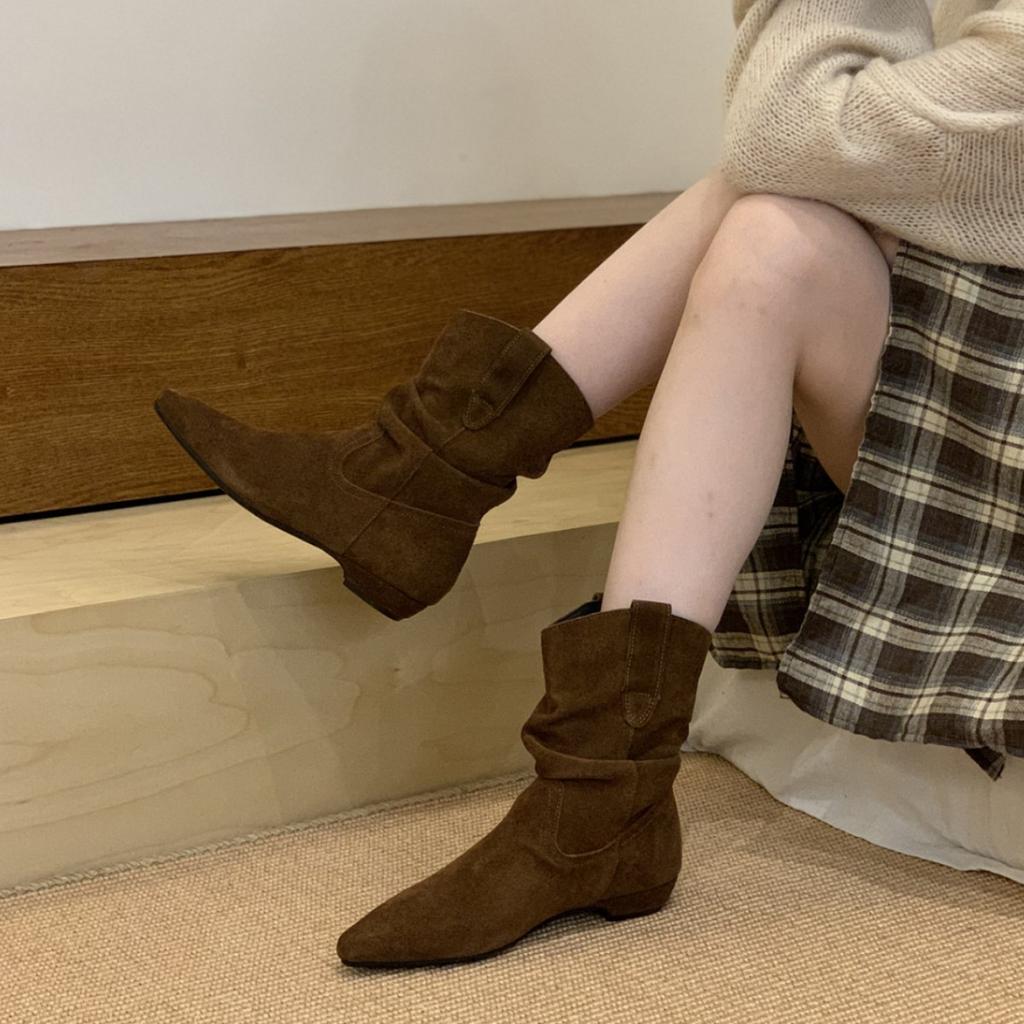 French suede pleated heel medium boots women's 2025 autumn and winter wear retro western medium tube Martin boots