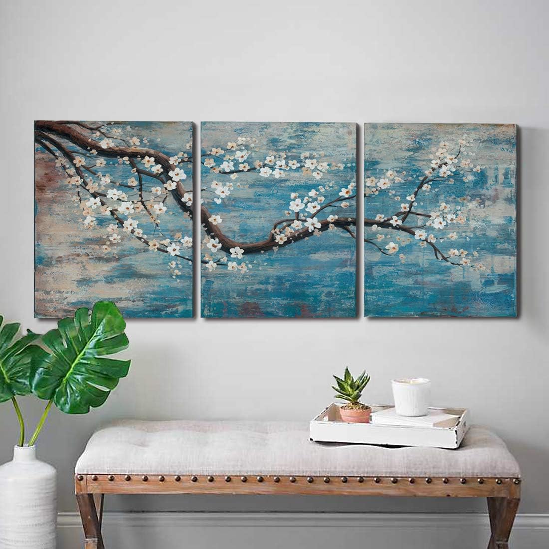 

3 Piece Wall Art Flower Painting On Canvas Gallery Wrapped Modern Floral Artwork for Living Room Bedroom Décor Teal Blue Lake No Frame 3PC-21*30cm No Frame