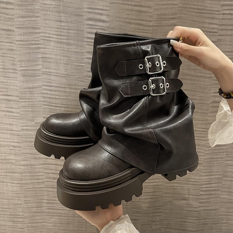 

Женские брючные ботинки на толстой подошве 2025 осень новые маленькие ретро ботильоны на наборном каблуке британские ботинки Мартин 40 серый