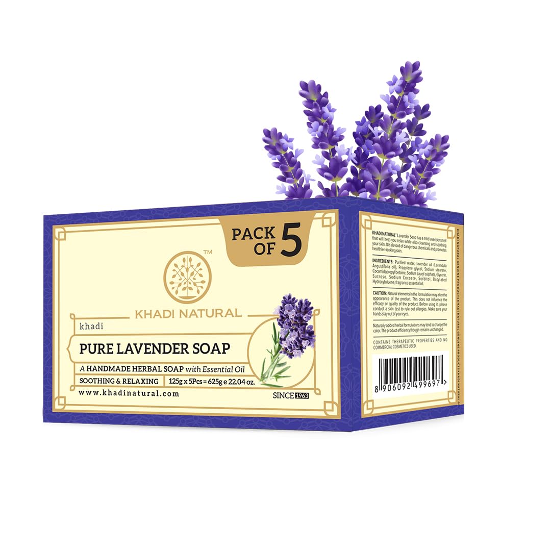 

Khadi Natural Ayurvedic Handmade Bath Soap Pack of 1 (125g X 5 pcs) | Moisturizing Lavender Soap for All Skin Types