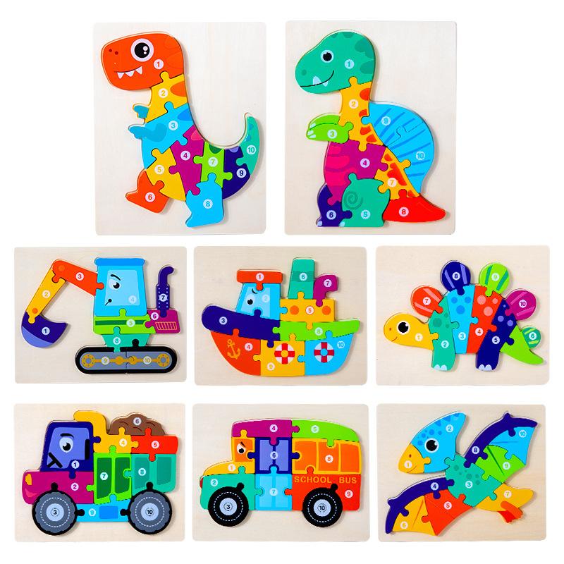 Children Wooden Early Education Animals Digital Traffic Cognition Puzzle Wooden 3D Buckle Three-Dimensional Puzzle Educational Toys