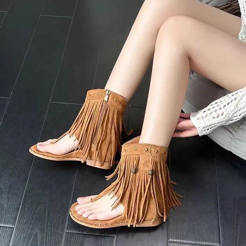 

2025 fringed fashion open-toe herringbone cool boots women s slope heel heel heightened toe Roman summer Simian sandals 39