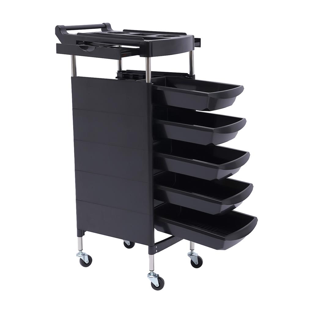 5 Drawers and 2 Hair Dryer Holder Side Tray with Anti-slip Strip&360° Rotatable Wheels,Black Salon Trolley On-the-Go Organizer
