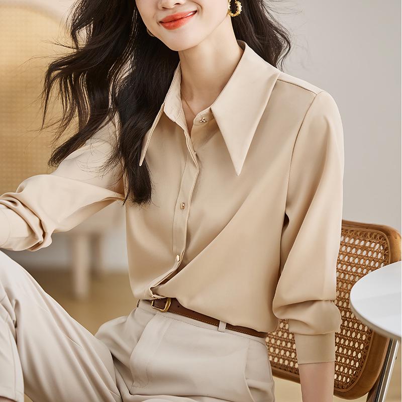 Women's Ash Blue Satin Long Sleeve Shirt - Retro Hong Kong Style, Spring Commute, Concealed Placket, Versatile Drapey Blouse