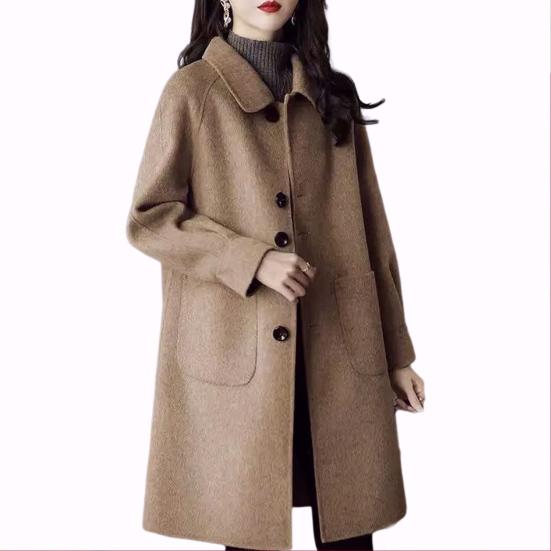 Women Winter Overcoat Turn-down Collar Pockets Pure Color Single-breasted Cardigan Loose Fit Coat Thermal Long Sleeves Commuting Dating Winter Coat