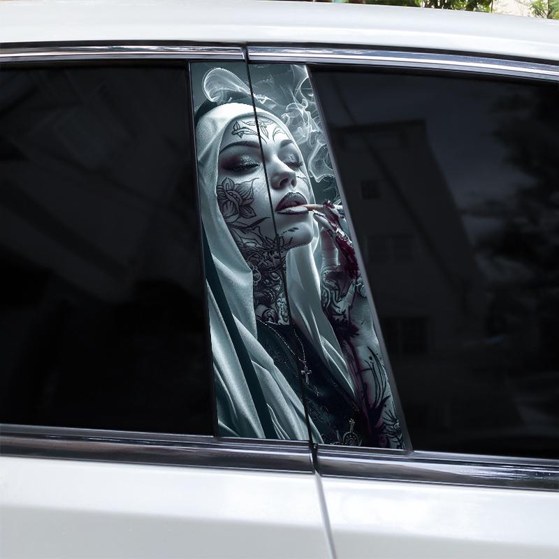 2pcs Nun Sisters Car Decal Car B-Pillar Sticker Smoking Nun Styling Car Decal Diy Car Door Post Vinyl Decal Cool Nun Decal