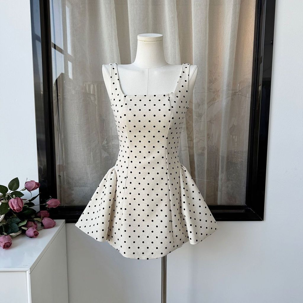 Französisches gepunktetes Sommerkleid für Mädchen, lässig, A-Linie, ärmellos, hohe Taille, mit 3D-Verzierungen