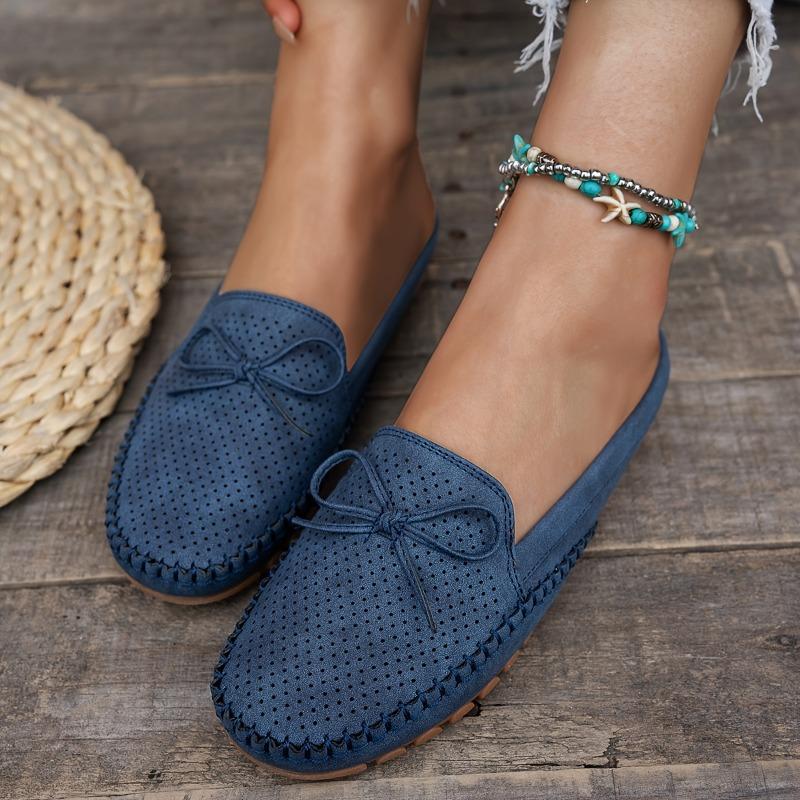 Women's Retro Bow Flat Mules - Soft, Comfortable, Breathable Slip-On Sandals in Pink Perforated PU Cover with TPR Sole and Fabric Lining