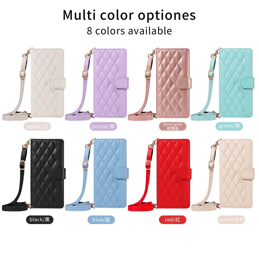 Applicable To Samsung S24 Fashion Leather Case A55 Small Fragrant Wind Diamond Grid Card Wallet Diagonal Span Portable Rope A05S Solid Color