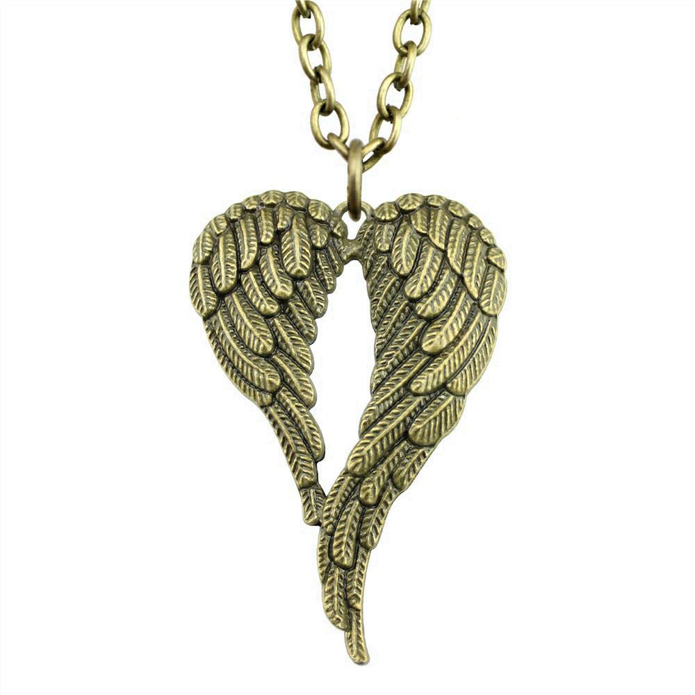 Angel Wing & Open Heart Pendant Necklace Romantic Gothic Statement Jewelry 45cm or 70cm Long Chain
