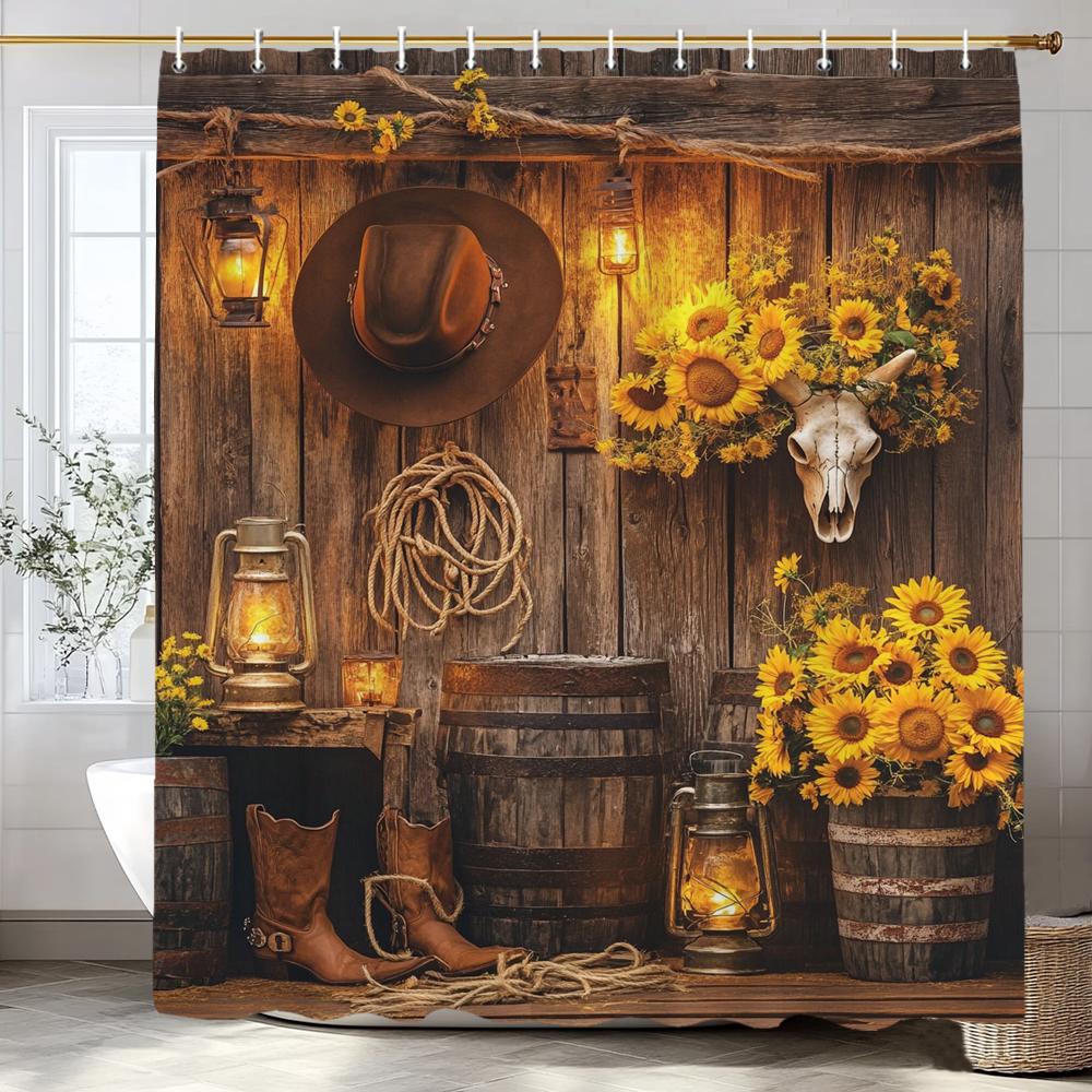 

Rustic Farmhouse Garden Cowboy Theme Shower Curtain, Bathroom Decor Shower Curtain, Plants And Flowers Shower Curtain With Hooks W60H190(CM)-1 Pcs