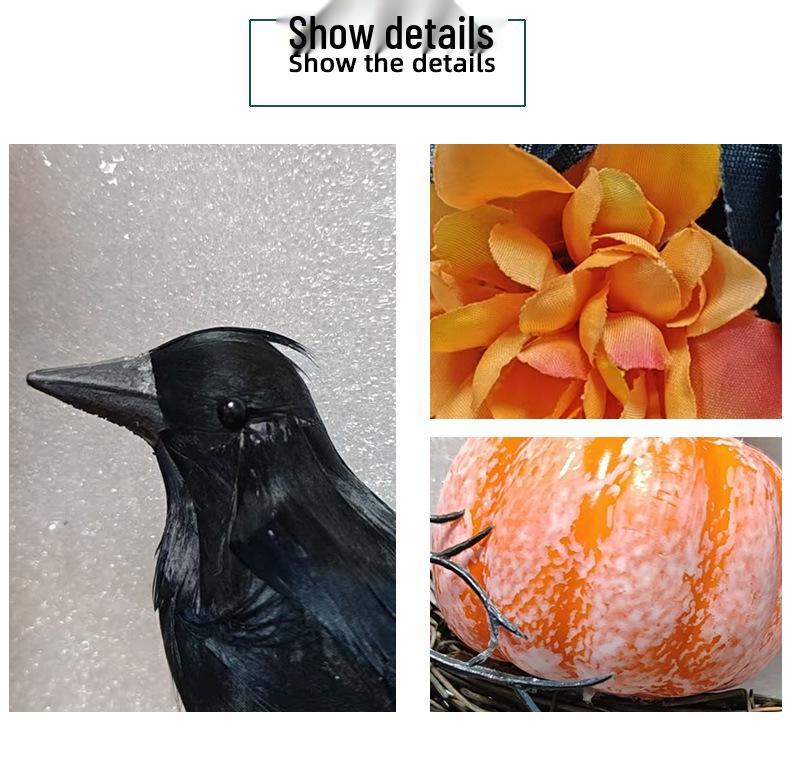 Gruseliger Halloween-Kranz: Orange & Schwarze Krähe mit Mond, Kürbissen & Getrockneten Ranken – Perfekte Tür- oder Wand-Festivaldekoration