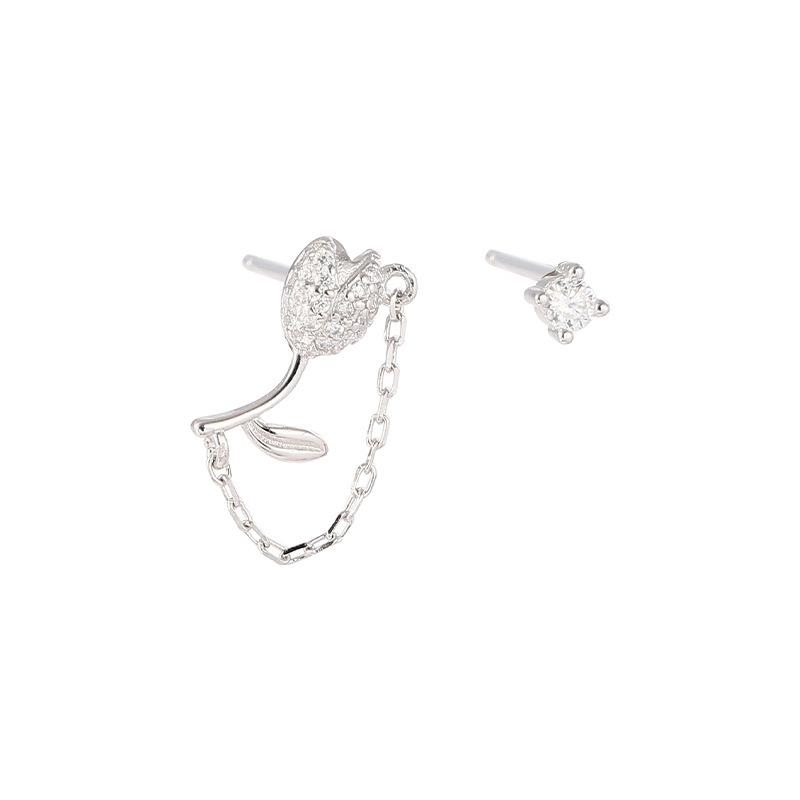 S925 silver-plated earrings New niche design advanced sense of light luxury full diamond tulip irregular chain zircon earrings