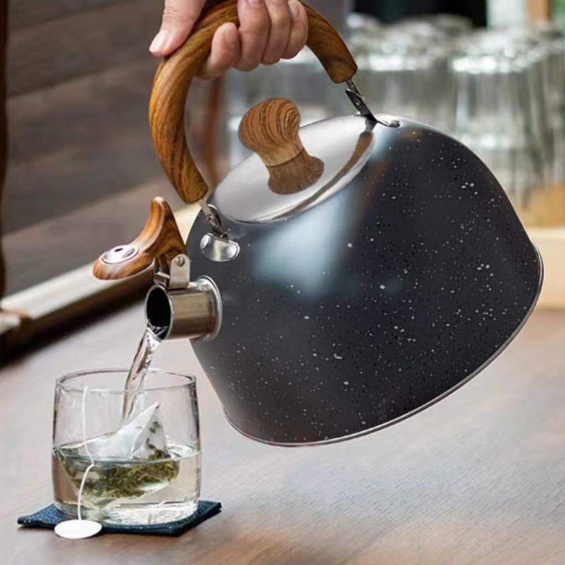 Bouilloire à sifflet, Théières pour cuisinière en acier inoxydable de qualité alimentaire avec motif bois Poignée pliable, Bouilloire à sifflet fort