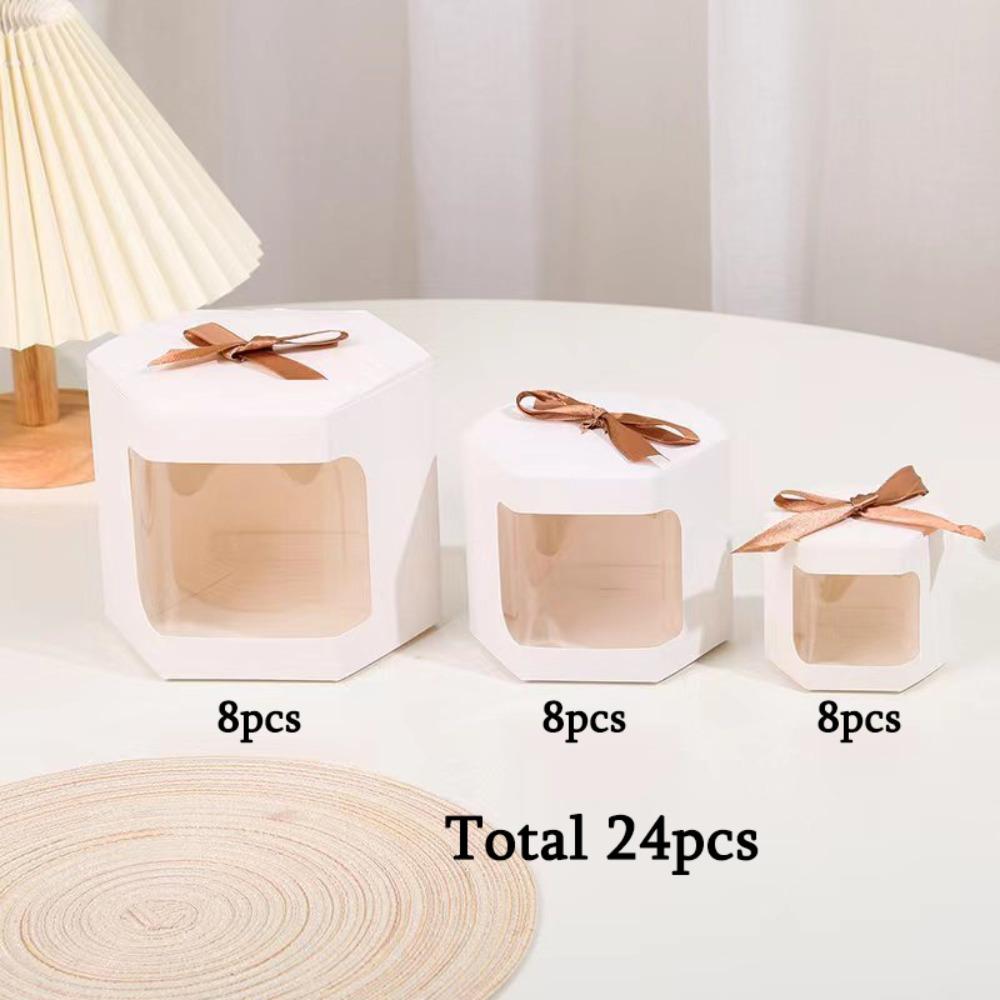 24pcs Hexagonal Party Gift Boxes with Ribbon 3 Size Kraft Paper Party Favor Boxes Folden Gift Wrap Box Display Box for Wedding Birthdays Packaging Box
