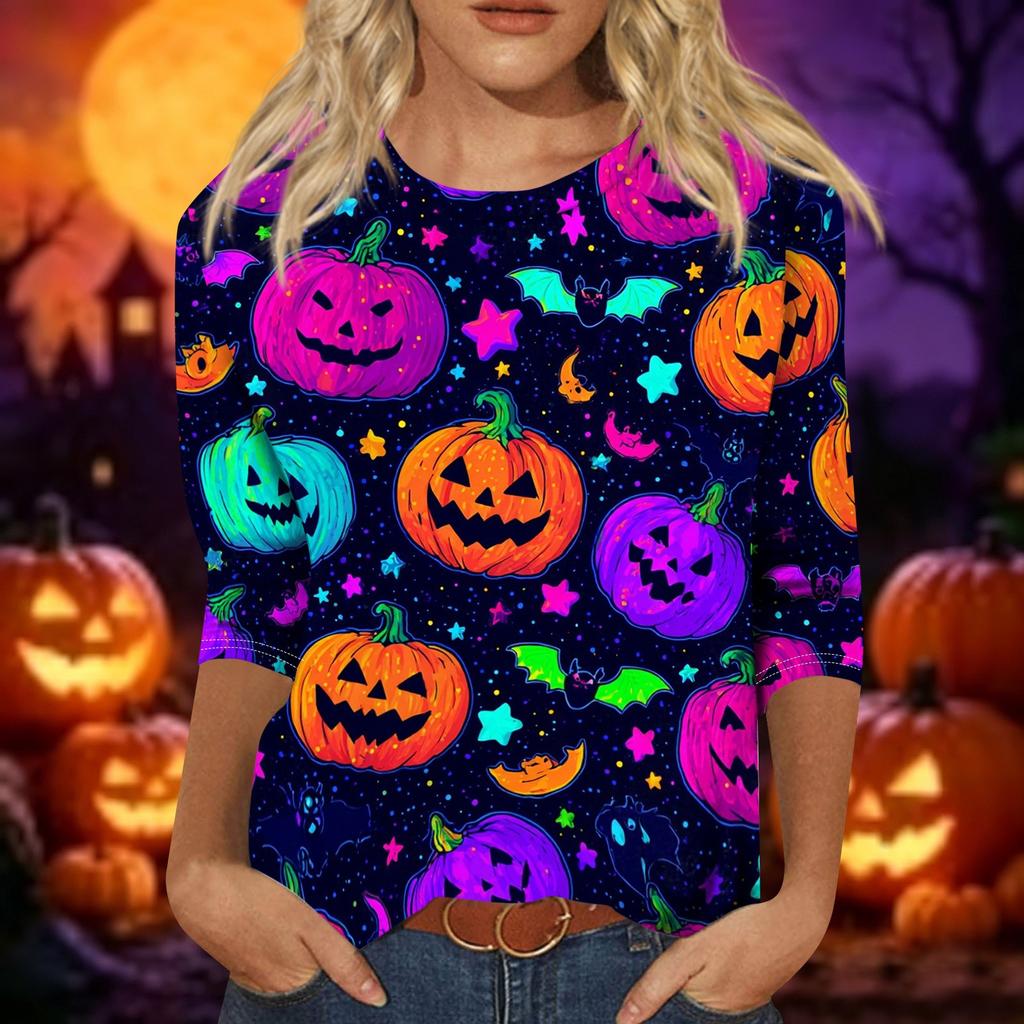 Women's Casual 3/4 Sleeve Crew Neck Top Halloween Themed Print Lightweight Pullover Blouse for Everyday Wear