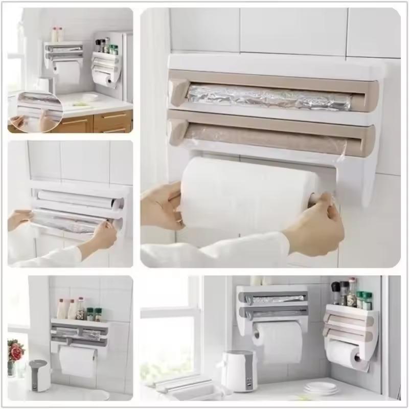 Wall Mounted Kitchen Tissue Holder Sauce Bottle Holder 4-in-1 Plastic Packaging Cutting Rack Storage Rack