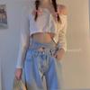 Spice Girl Style Small Waist Light Blue Straps Mopping Denim Wide-leg Pants Women's New High Waist Thin Versatile Straight Tube
