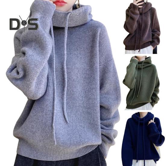 Damegenser Pelskrave Snøring Hette Langermet Strikketopper Ensfarget Casual Løs Passform Strikkeplagg