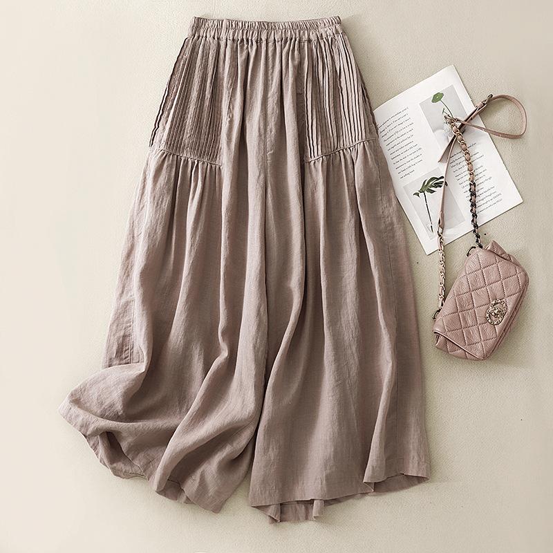 2025 Summer New Retro Pleated Solid Color Cotton and Linen Straight Nine-point Culottes Elastic Waist Foreign Wide-leg Pants Women