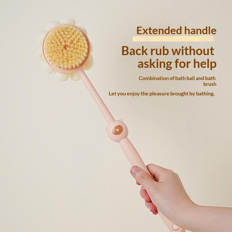 2 In 1 Long Handle Exfoliating Bath Brush Soft Bristles Loofah Puff Back Scrubber for Home Shower Body Cleaning