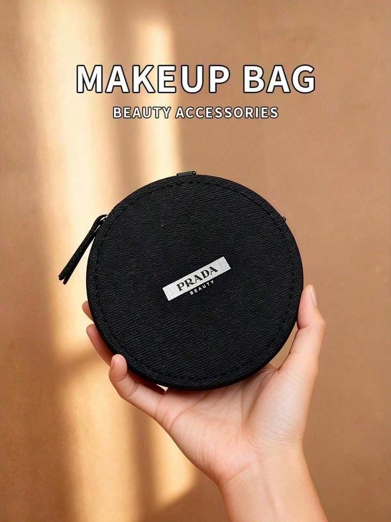 Prada Beaute Black Round Zipper Makeup Bag, Mini Cosmetic Storage Pouch