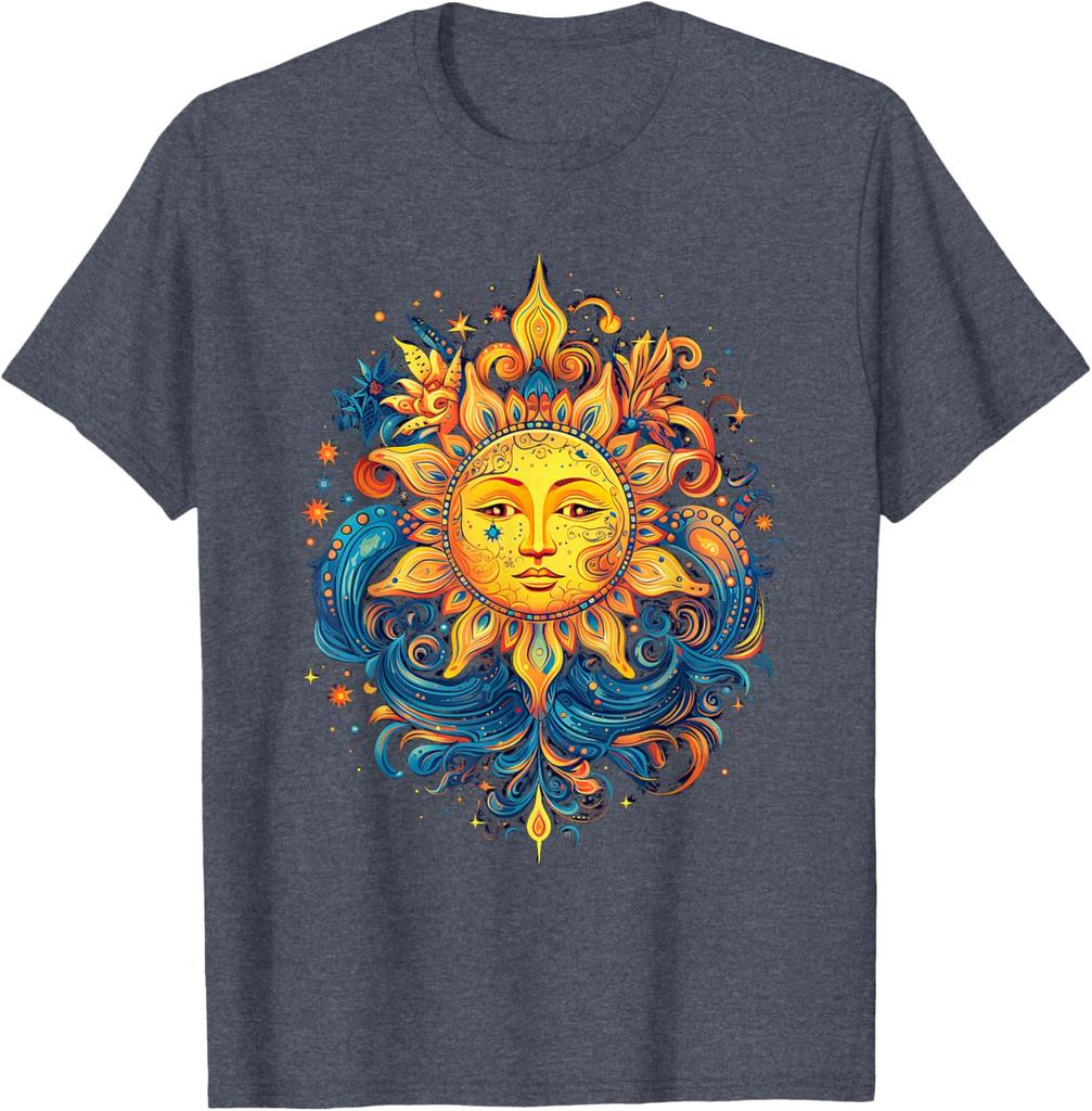 Mystical Sun Face Graphic Tee Men Casual Cotton Round Neck Vintage Aesthetic Print T-Shirt