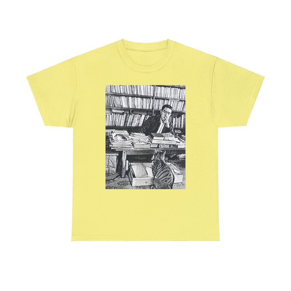 

Yukio Mishima and Cat Graphic Print Short Sleeve Unisex Heavy Cotton Art Tee Shirt 3XL