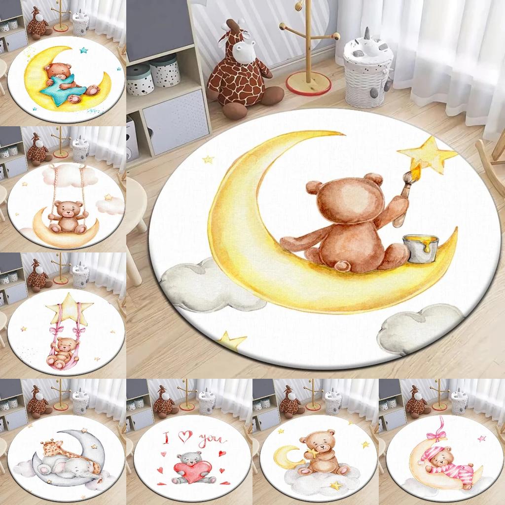 Cartoon Cute Little Bear Animals Round Carpet for Living Room Decor Kid's Bedroom Play Floor Mat Anti-Slip Camping Picnic Mats