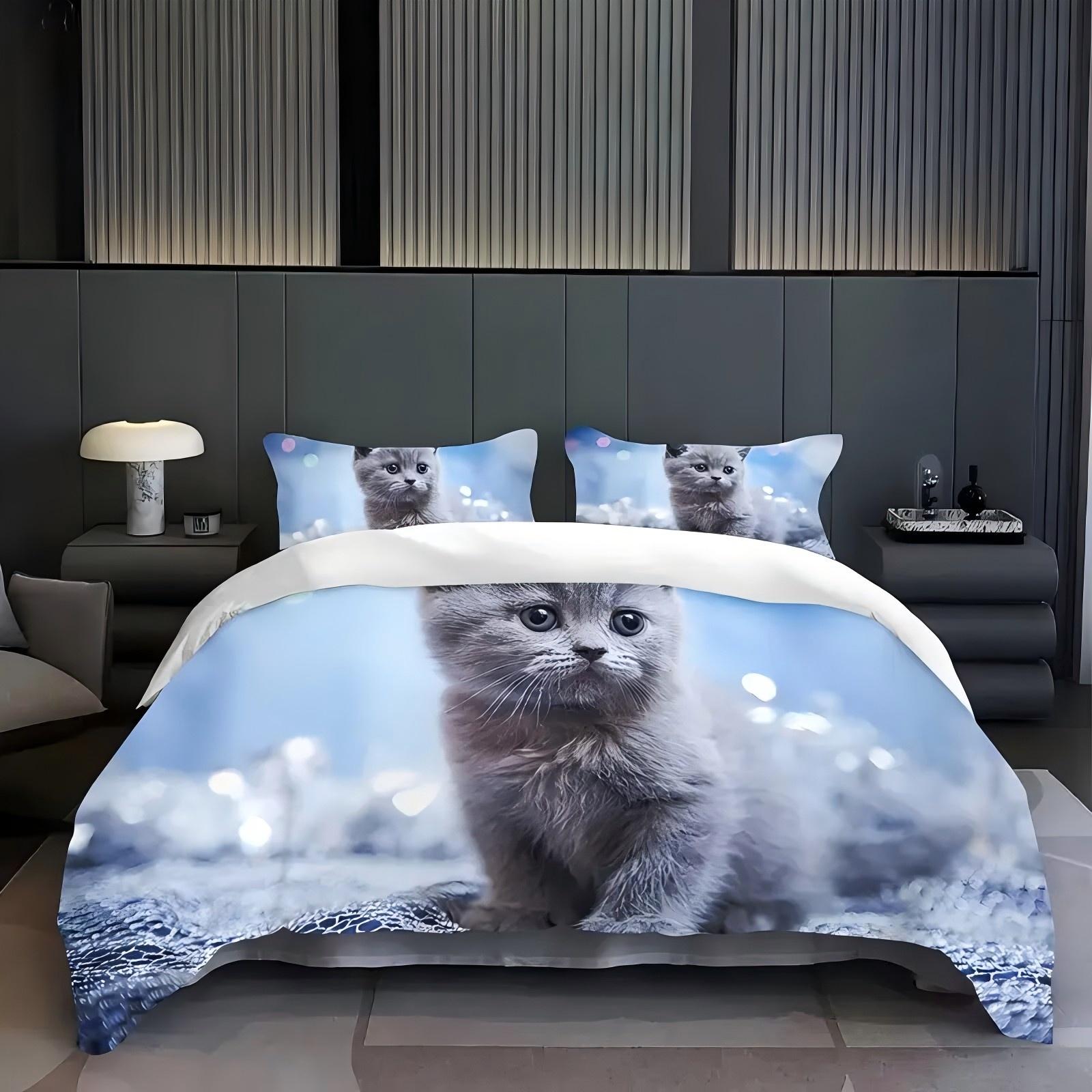 

Cute Kitten 3D Printed Duvet Cover Set Soft Comfortable Polyester Luxury Bedding Set Cute Animal Style Quilt Cover Pillowcases 135x200cm 2pcs