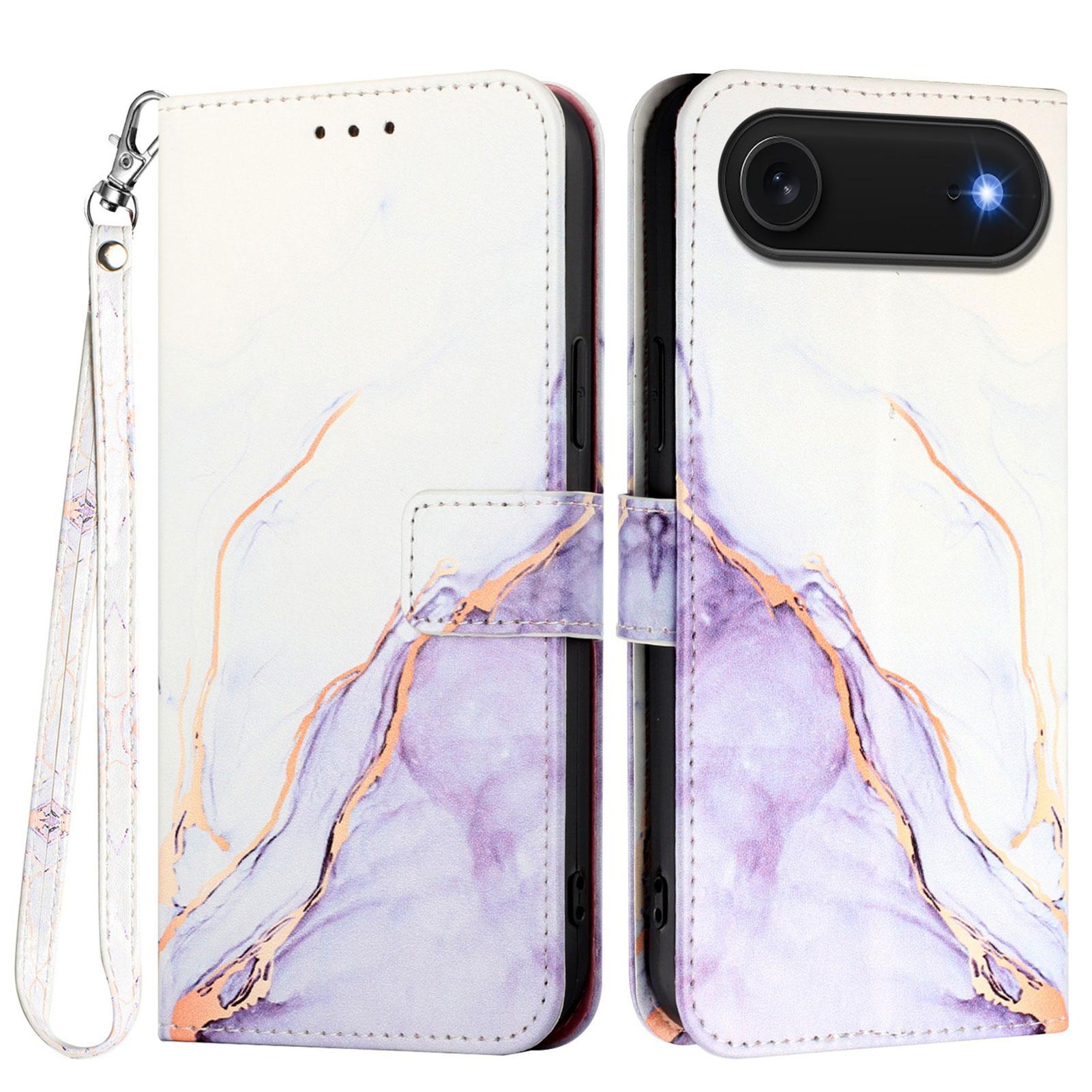 

For iPhone 17 Air Case with Strap Marble Pattern Leather Phone Cover Card Holder White/Purple LS006