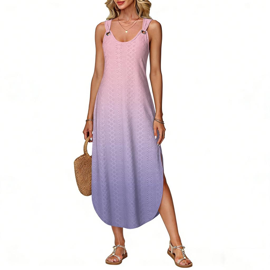 Women's summer long dress, sleeveless with side slits, long gradient vest dress