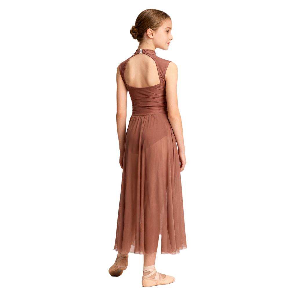 Girls Stage Performance Dress Floral Lace Patchwork Lyrical Dance Dress Mock Neck Cutout Back Sleeveless Leotard