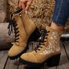 Women's Plus-Size Block Heel Embroidery Lace-Up Combat Boots - 2025 Autumn/Winter New, Wide Calf, Fashion Casual, Wholesale