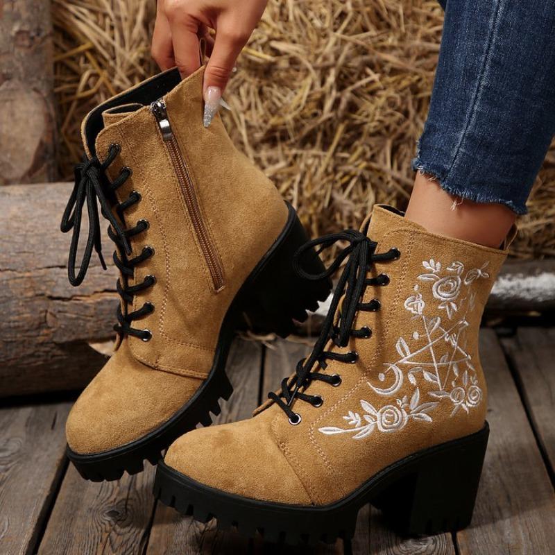 Women's Plus-Size Block Heel Embroidery Lace-Up Combat Boots - 2025 Autumn/Winter New, Wide Calf, Fashion Casual, Wholesale