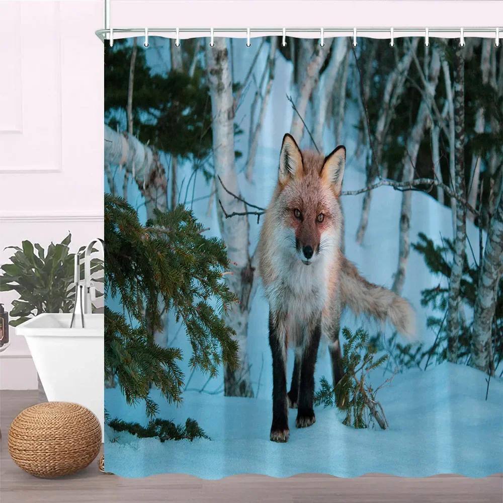 Painting Animal Lover Fox In The Forest Shower Curtain,Rustic Lodge Forest Hunting Bathroom Decor Wild Animals Bathroom Curtains