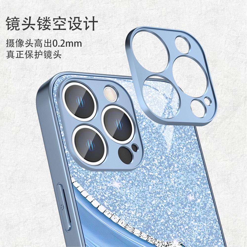 Factory direct supply Light luxury rhinestone silk pattern glass mobile phone case iPhone15/16 scratch-proof protective case Support OEM