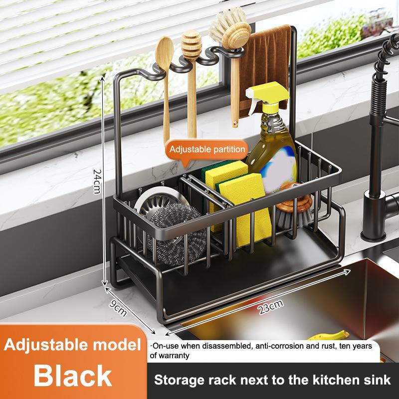 

Полка для хранения на кухонной раковине, настольная стальная полка для хранения губки и тряпки для посуды, аксессуары, выдвижная штанга, полка для хранения на раковине чёрный