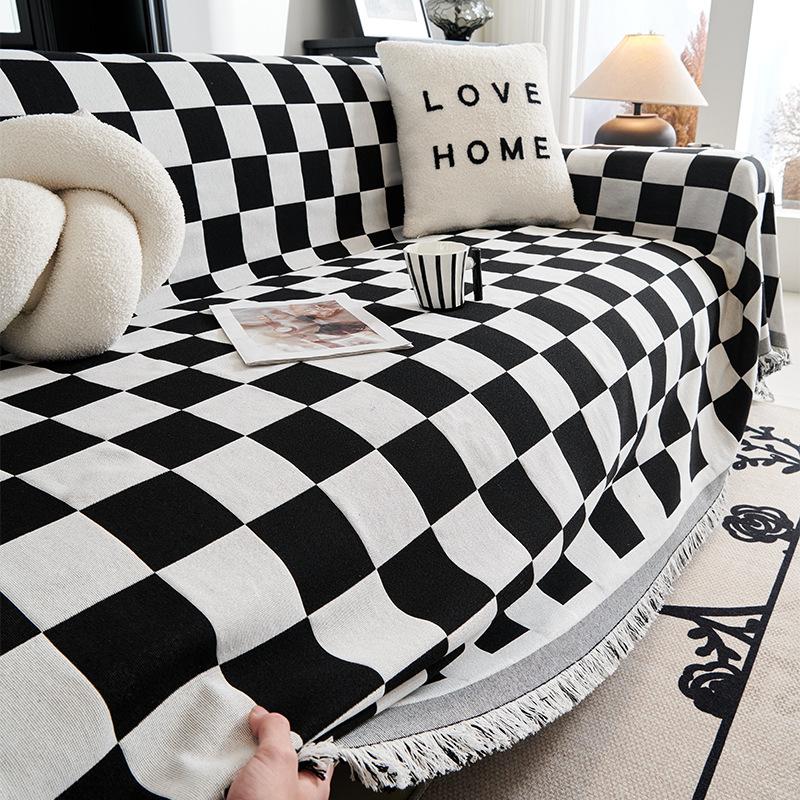 Retro Checkerboard Couch Towel Blanket Universal for All Seasons Tassel Two Side Sofa Towel Outdoor Camp Beach Towels Sofa Chair