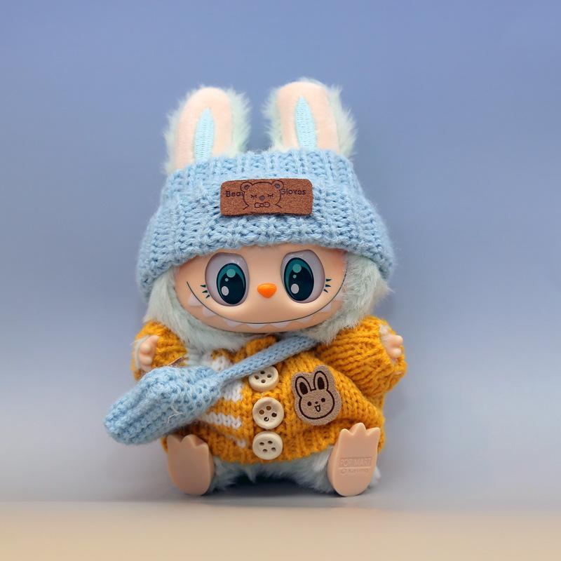 Labubu Doll Outfit Set: Knit Sweater, Hat, Button Charm, Small Bag, Vinyl Doll Clothes Replacement