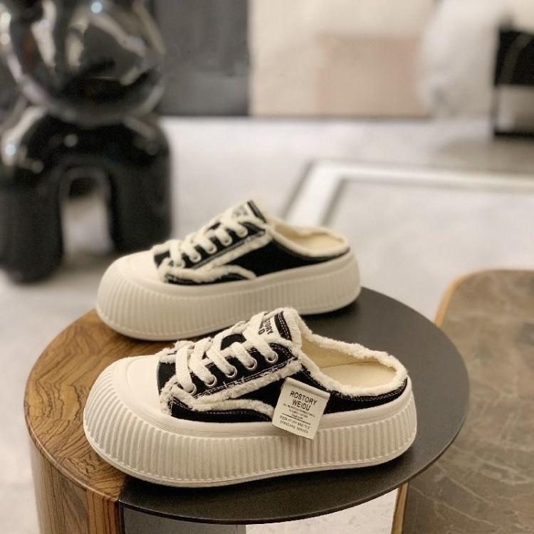 

Исключительные парусиновые полуботинки женские 2025 новый летний стиль Сяосянфэн на одной педали ленивые женские туфли с закрытым мыском универсальные кеды 40 чёрный