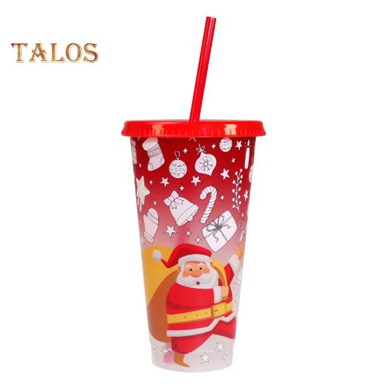 710ML Christmas Color Changing Cups with Lids Straws Reusable Food-Grade Santa Claus Design Cups for Adults Kids Prevents Straw Slipping Leak-Proof