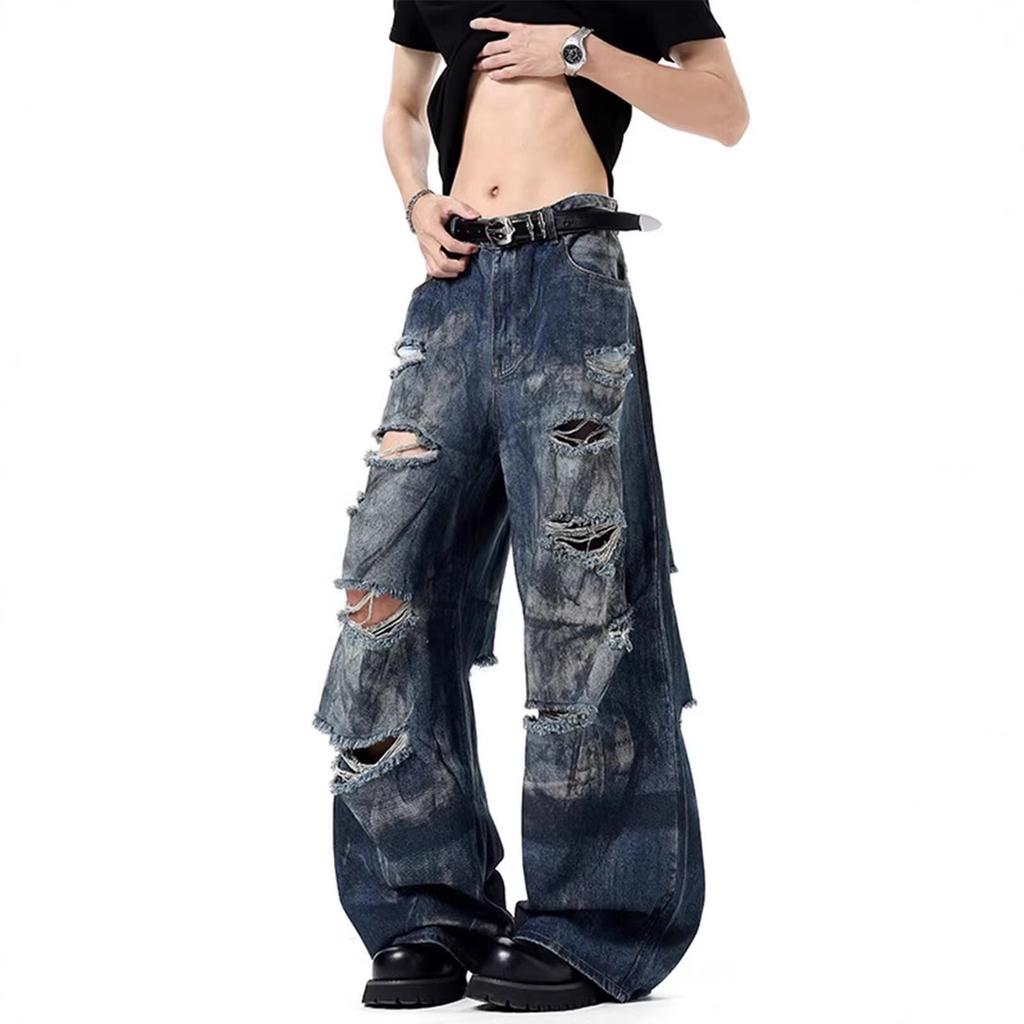 Men's summer washed ripped scimitar pants wide American design sense casual loose trousers jeans spot